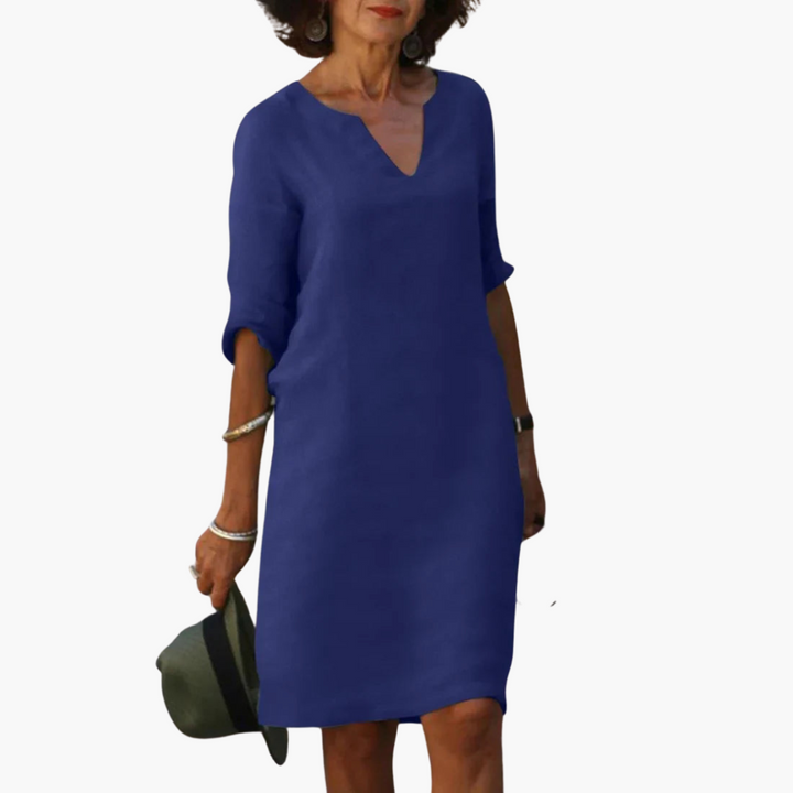 Women’s V-Neck Mini Dress with 3/4 Sleeves and Tapered Waist