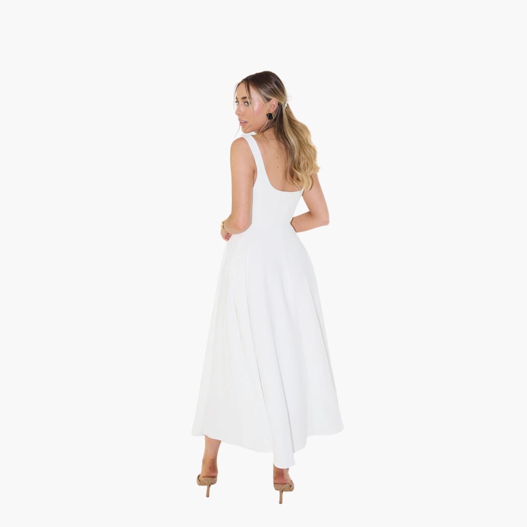 Women’s Midi Dress with Square Neckline and Flared Skirt