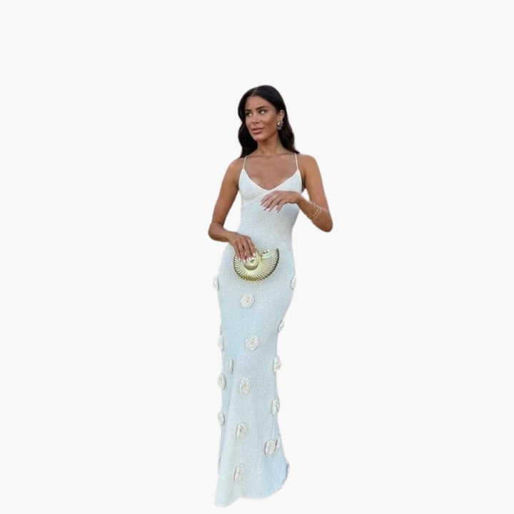 Women’s Strappy Maxi Dress with Low Neckline and Long Skirt