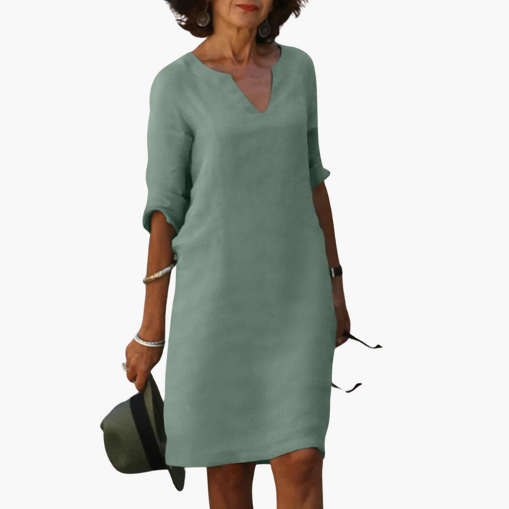 Women’s V-Neck Mini Dress with 3/4 Sleeves and Tapered Waist