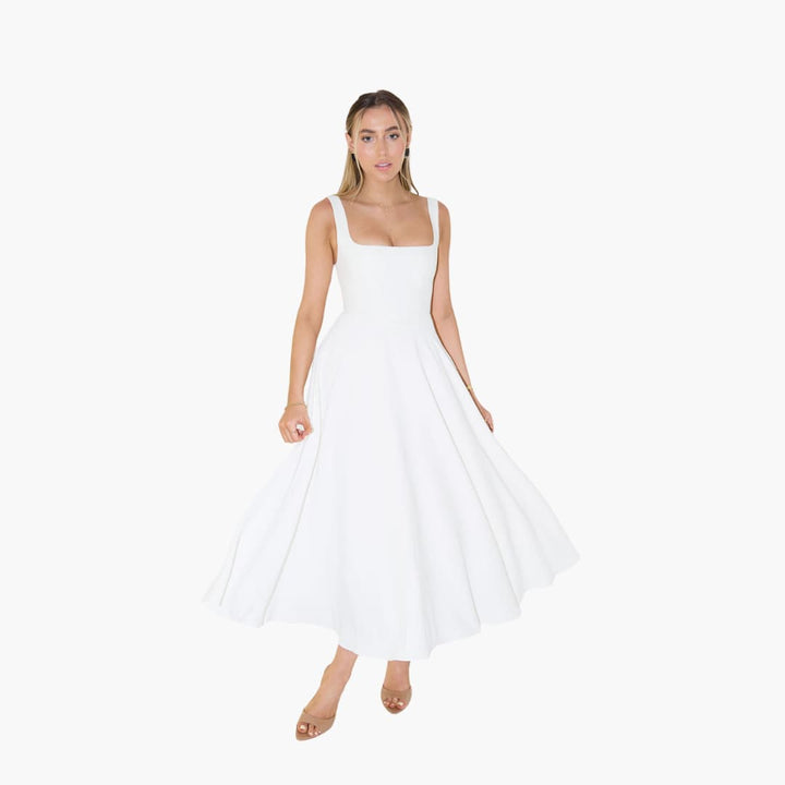 Women’s Midi Dress with Square Neckline and Flared Skirt