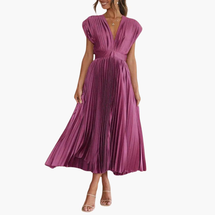 Women’s Midi Dress with Pleated Design and Cap Sleeves
