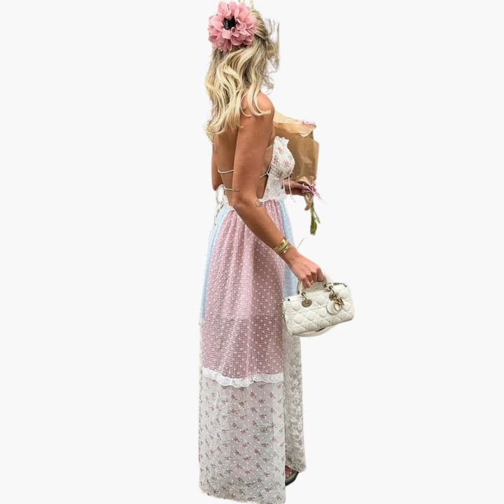 Women’s Patchwork Maxi Dress with Lace-Up Detail
