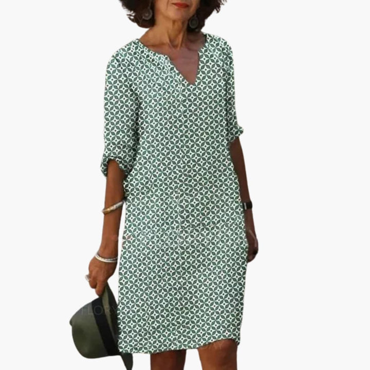 Women’s Short Dress with Notch V Neck and Rolled Sleeves