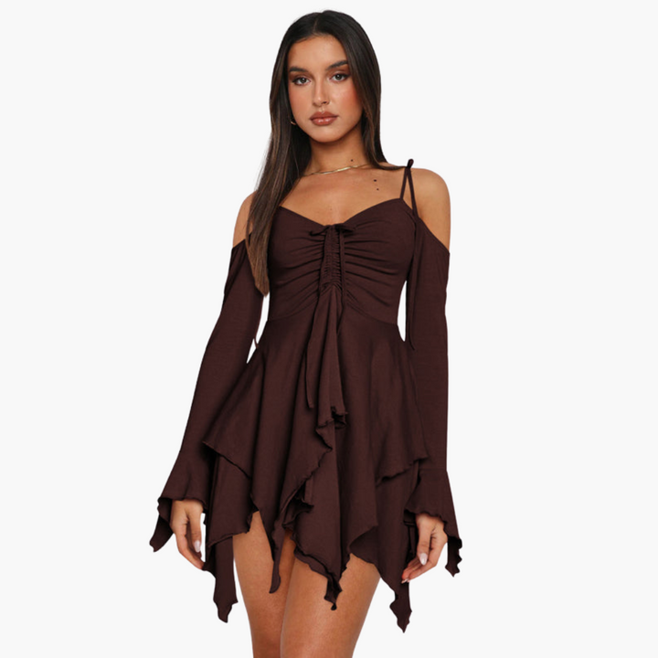 Women’s Mini Dress with Off-the-Shoulder Neckline and Layered Design