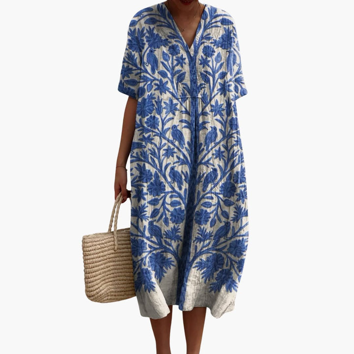 Floral V-Neck Midi Dress Women – Short Sleeve Summer Dress