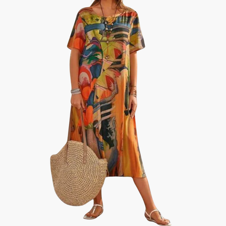 Women’s Midi Dress with V-Neck and Floral Print