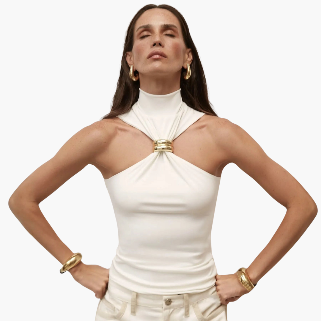 Women’s Halter Top with High Neck and Gold Accent