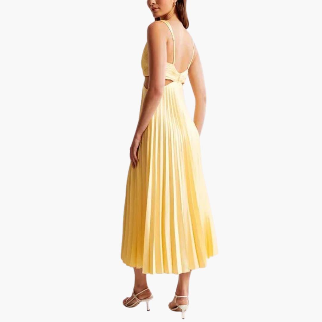 Women’s Midi Dress with Pleated Neckline and Structured Waist