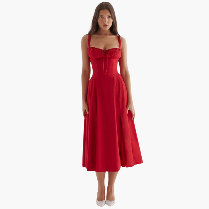 Women’s Midi Dress with Corset Waist and Floral Print