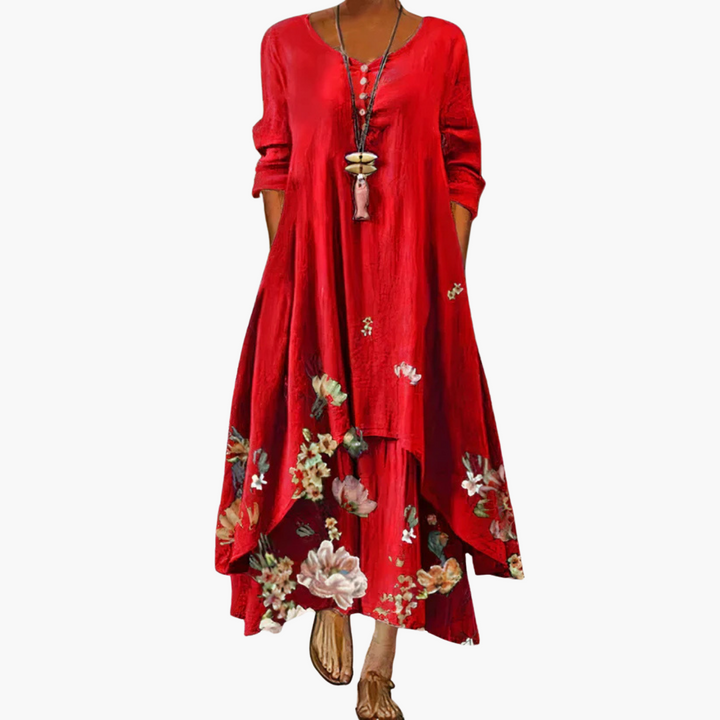Women’s Maxi Dress with Asymmetric Hem and Long Sleeves
