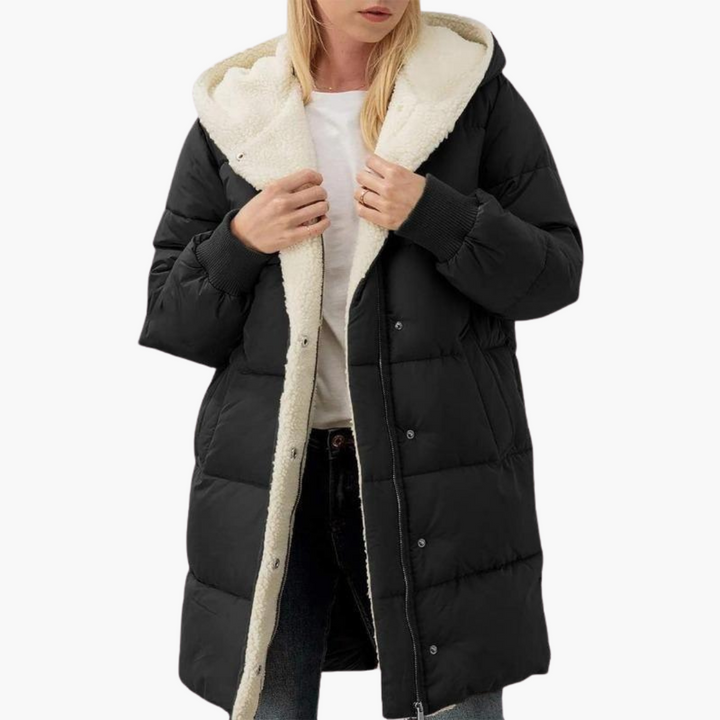 Women’s Hooded Puffer Coat with Fleece Lining and Slim Fit