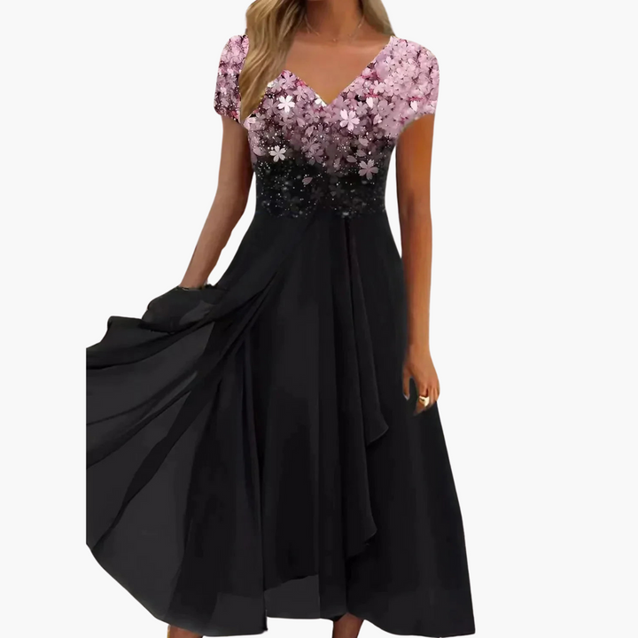 Women’s Midi Dress with V Neckline and Draped Skirt