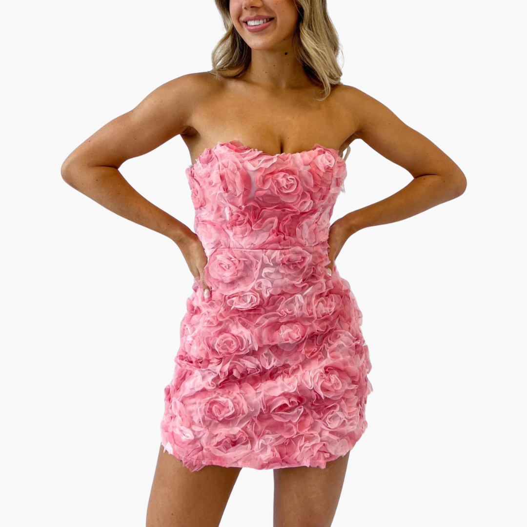 Women’s Strapless Dress with 3D Floral Appliqué
