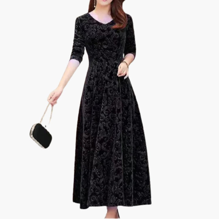 Women’s A-Line Maxi Dress with V-Neck and Three-Quarter Sleeves