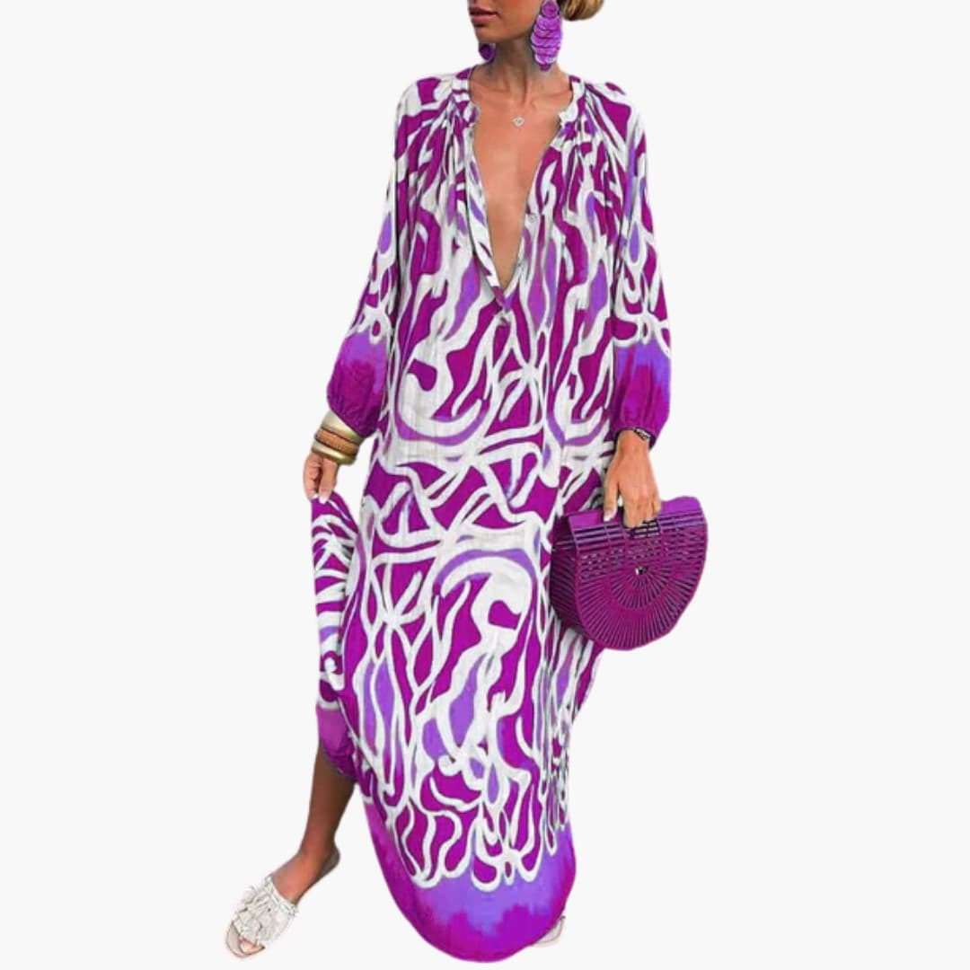 Women’s Maxi Dress with V-Neckline and Long Sleeves
