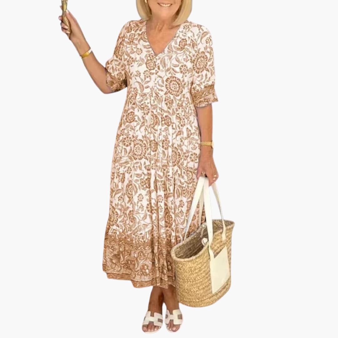 Women’s Midi Dress with V-Neck and Tiered Hem