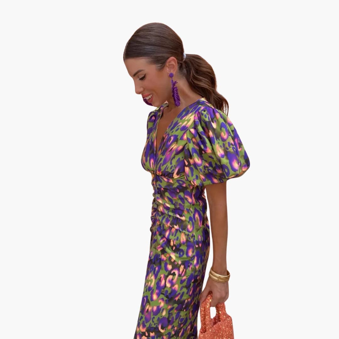 Women’s Midi Dress with Puff Sleeves and Ruched Waist
