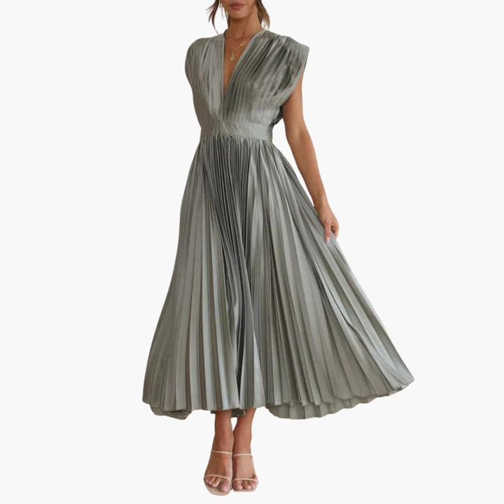 Women’s Midi Dress with V-Neck and Pleated Skirt