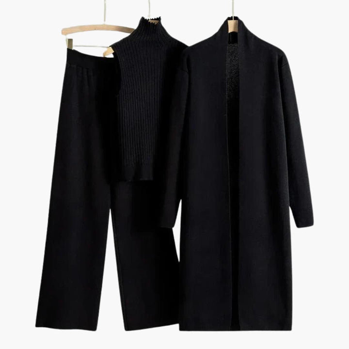 Women’s Three-Piece Knit Set with Sleeveless Turtleneck and Wide-Leg Pants