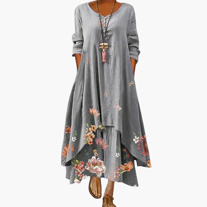 Women’s Maxi Dress with Asymmetric Hem and Long Sleeves