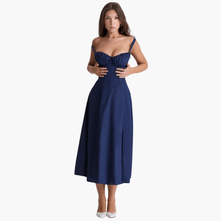 Women’s Midi Dress with Corset Waist and Floral Print