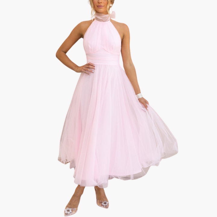 Women’s Tulle Dress with Halter Neck and Flowing Skirt