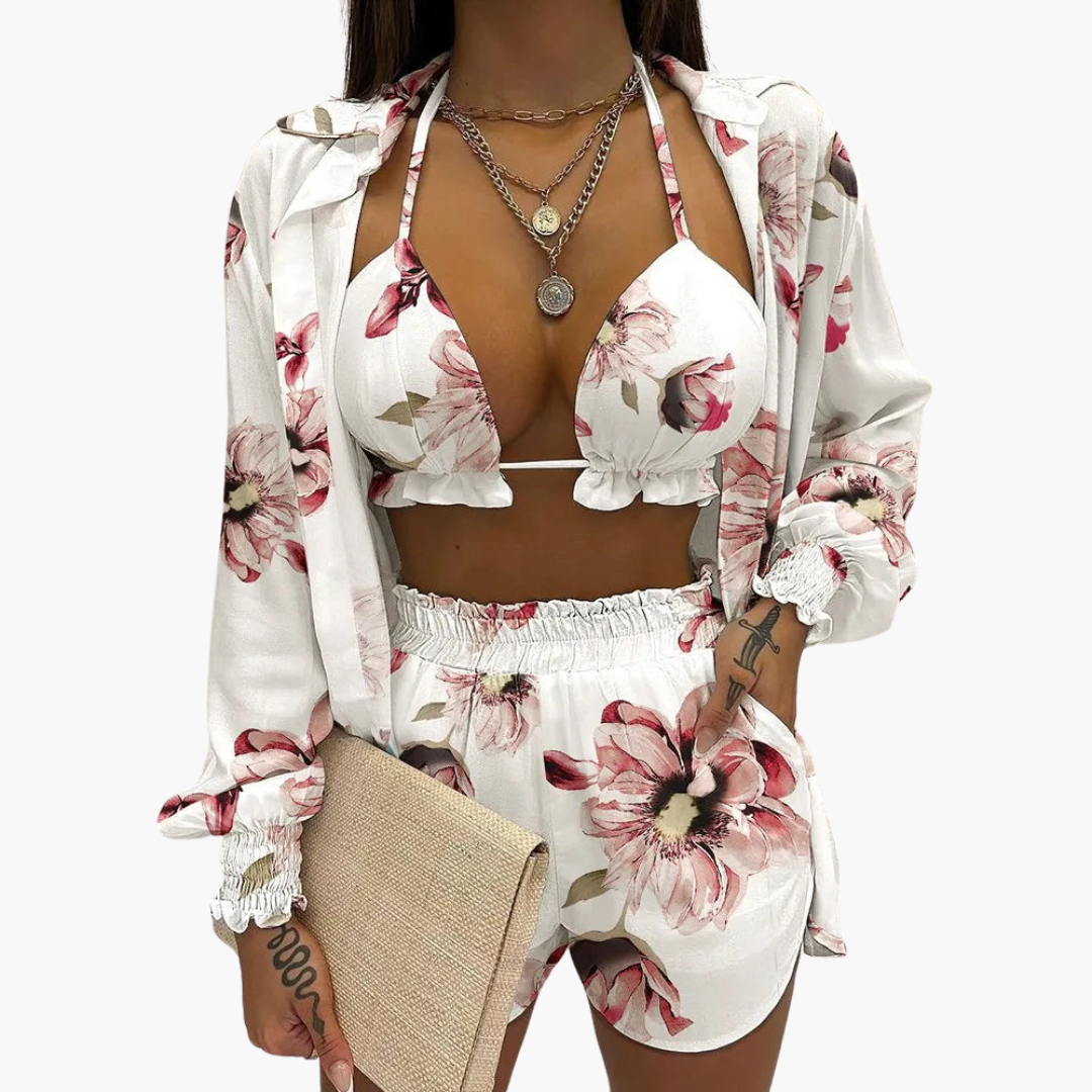 Women’s Beach Set with Ruffled Bikini Top, High-Waisted Shorts, and Cover-Up