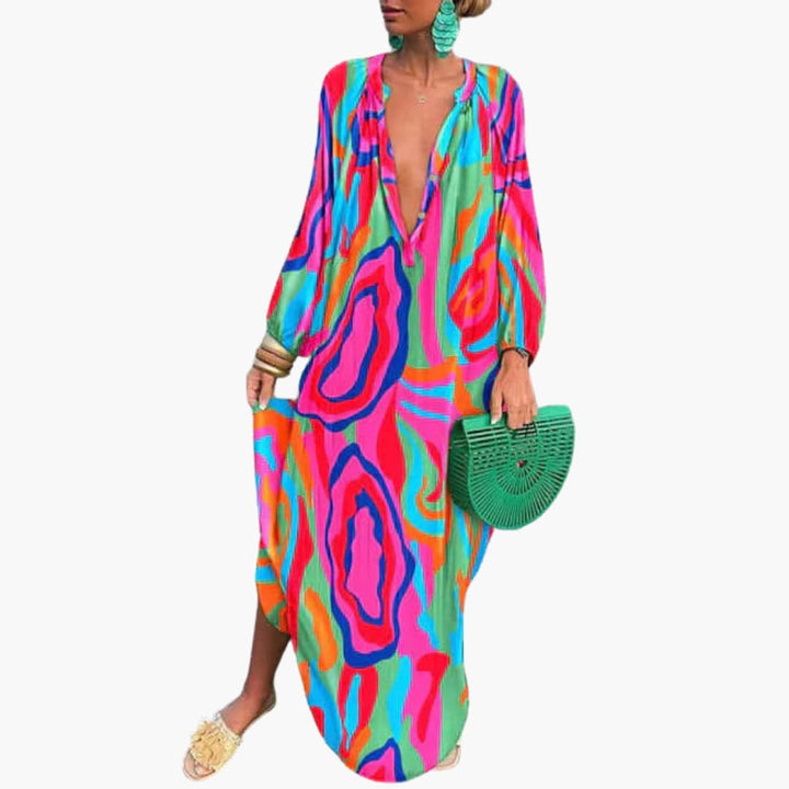 Women’s Maxi Dress with V-Neckline and Long Sleeves