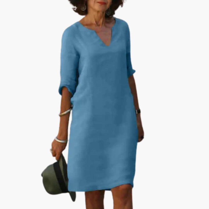 Women’s Shift Dress with Notch Neckline and Long Sleeves