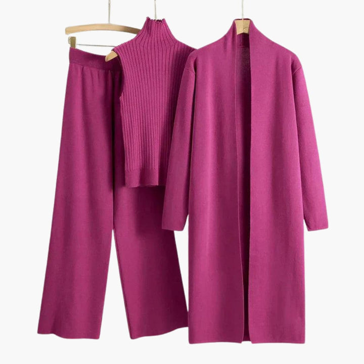 Women’s Three-Piece Knit Set with Sleeveless Turtleneck and Wide-Leg Pants