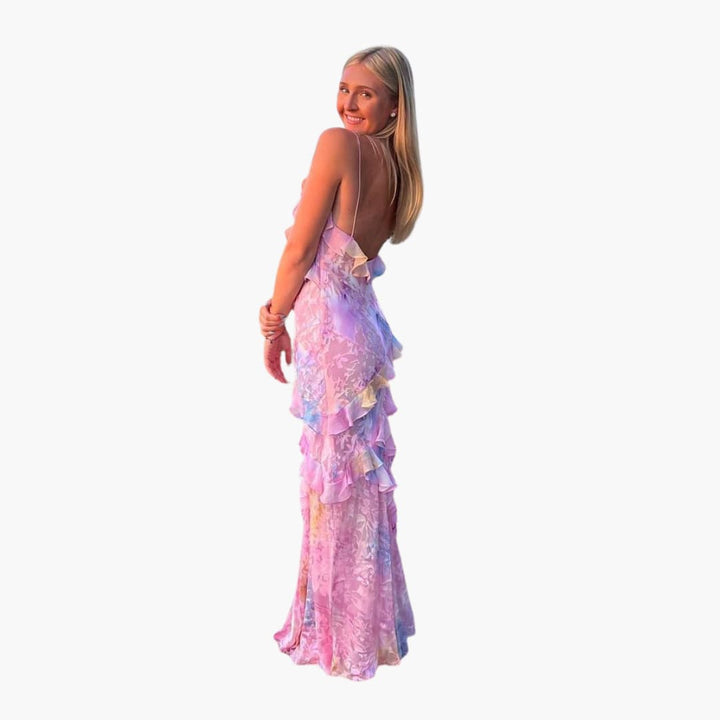 Women’s Maxi Dress with Open Back and Ruffle Panels