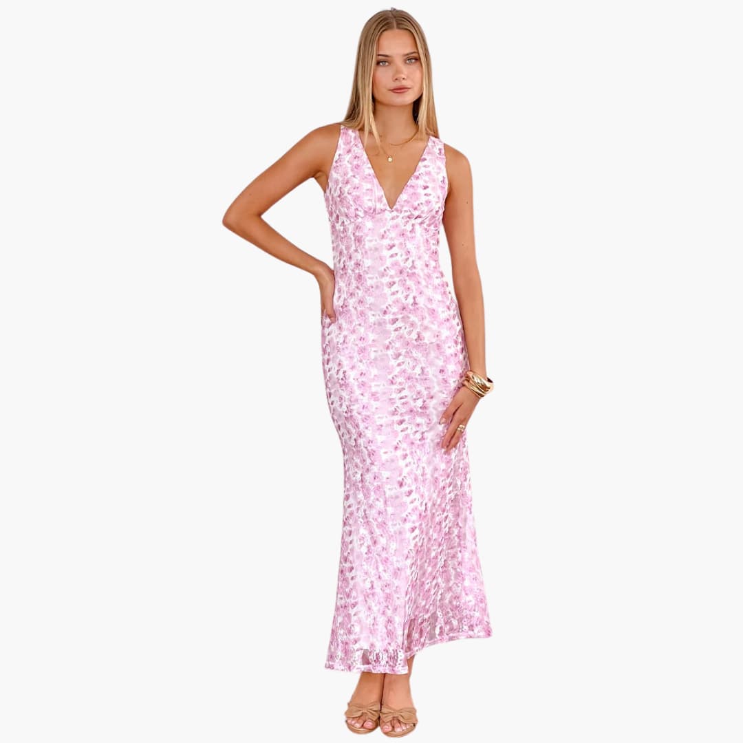 Women’s Maxi Dress with Lace Overlay and Open Back
