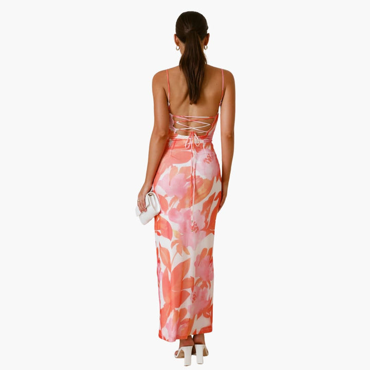 Women’s maxi dress with cowl neckline and lace-up back