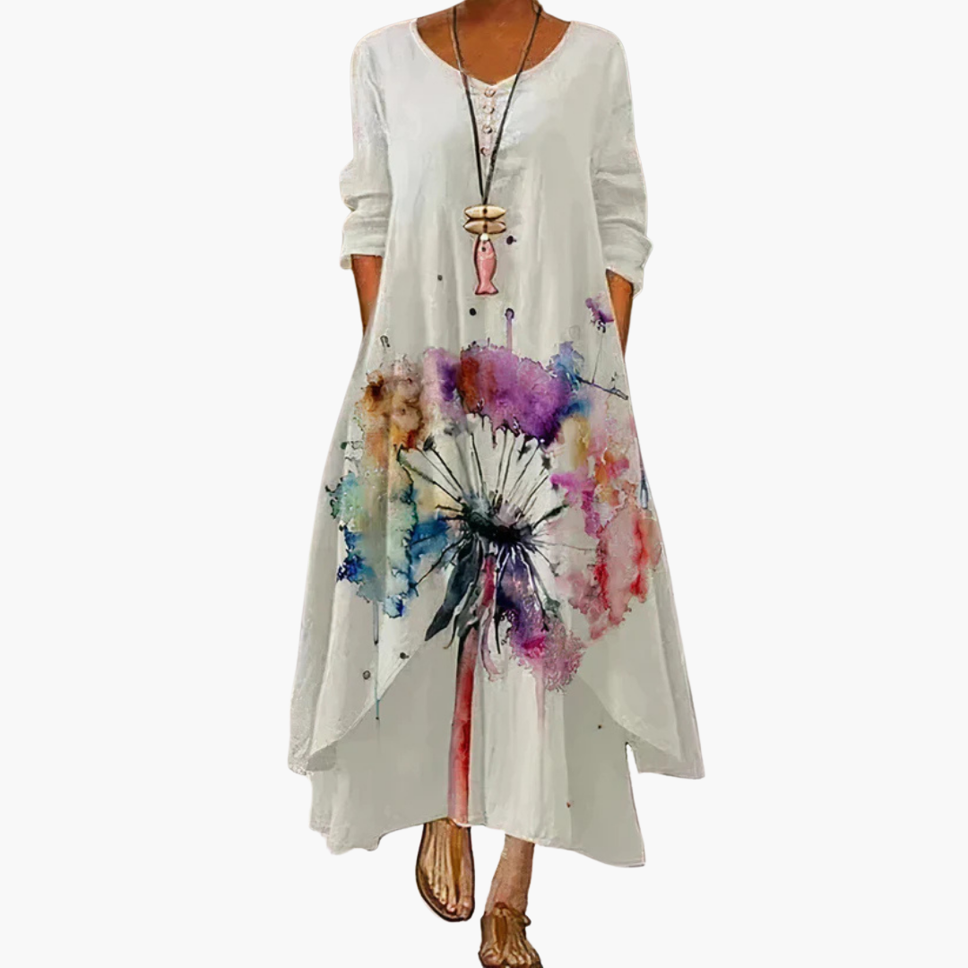 Women’s Maxi Dress with Asymmetric Hem and Long Sleeves