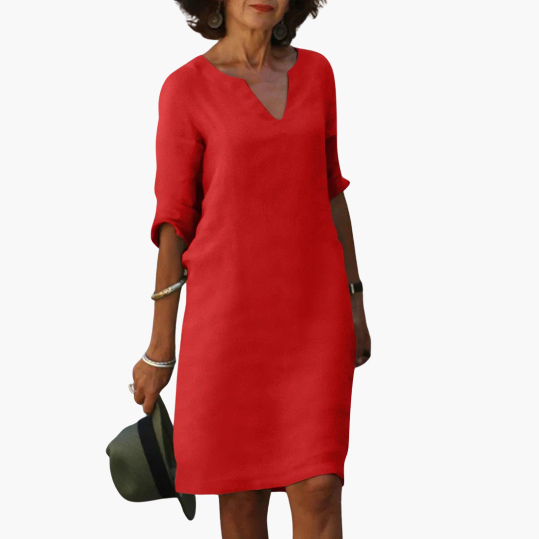 Women’s V-Neck Mini Dress with 3/4 Sleeves and Tapered Waist