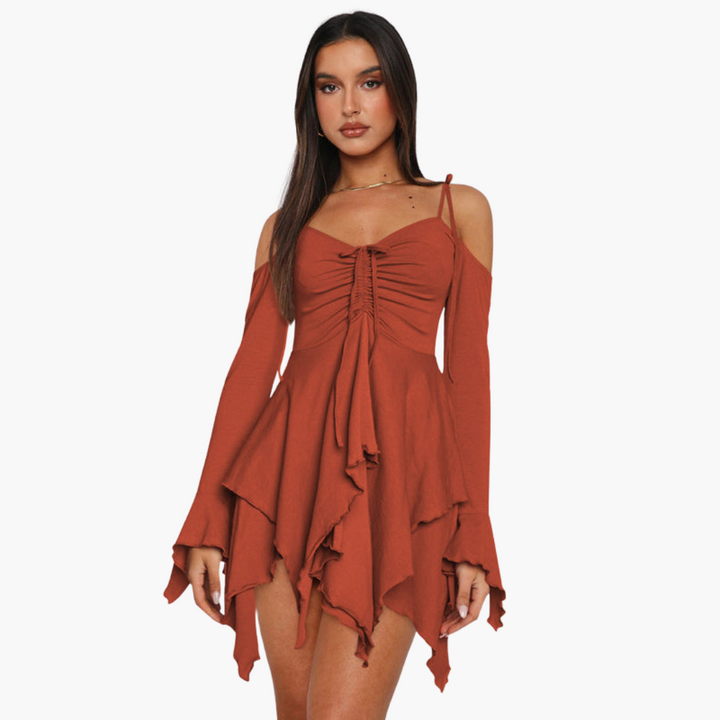 Women’s Mini Dress with Off-the-Shoulder Neckline and Layered Design