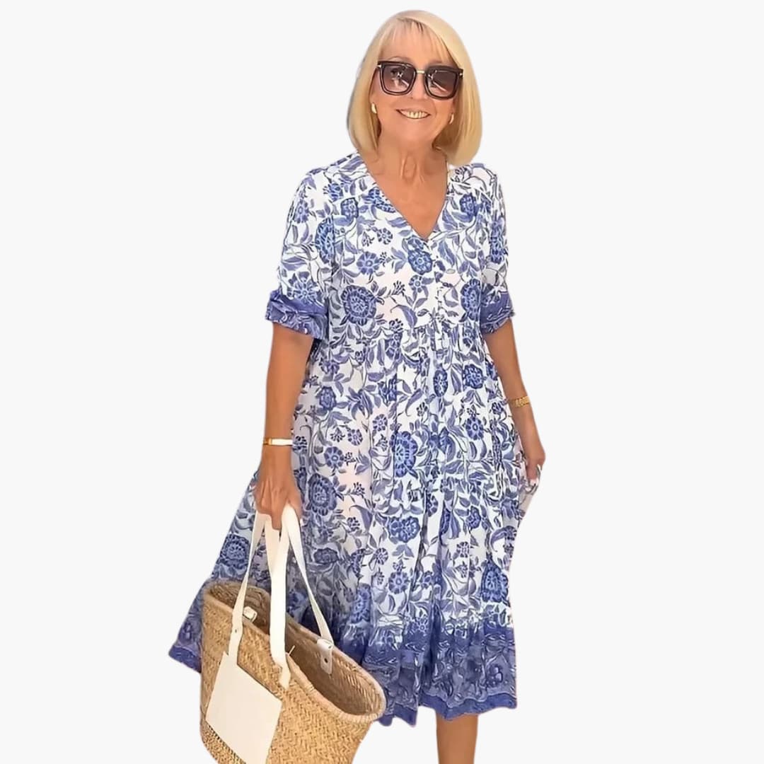 Women’s Midi Dress with V-Neck and Tiered Hem